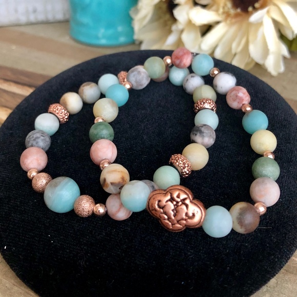 Handmade by me Jewelry - Beaded Bracelet Set w/ Rose Gold Accents Amazonite